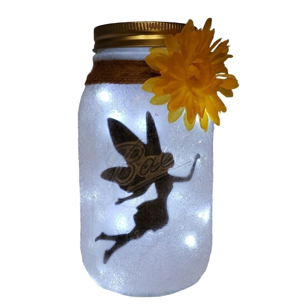 Lighted Fairy Jar with Jute and Yellow Flower